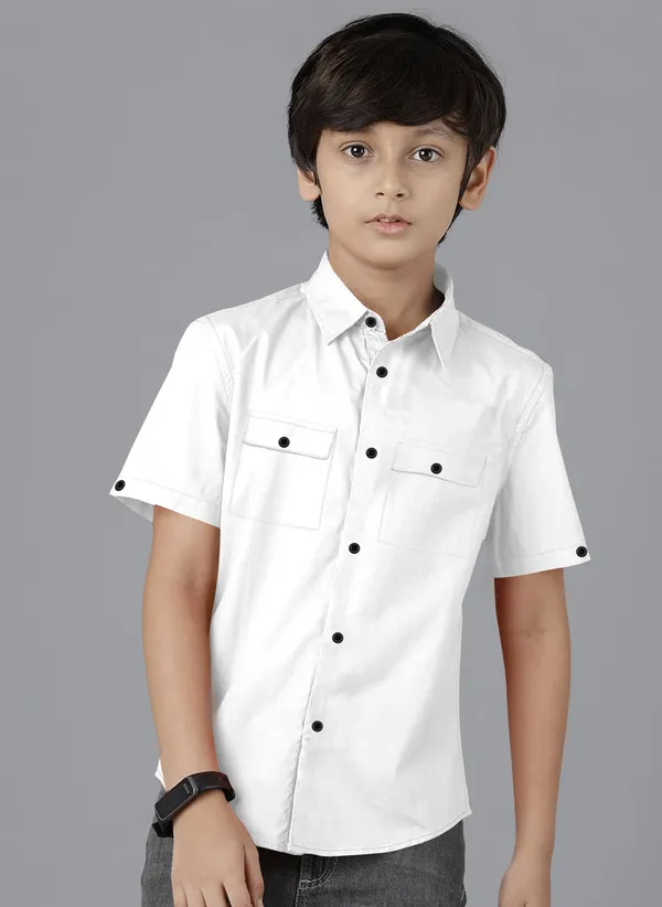 White_Cotton_Blend_Regular_Fit_Half_Sleeve_Solid_Long_Shirt_For_Boys