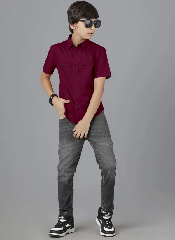 Maroon_Cotton_Blend_Regular_Fit_Half_Sleeve_Solid_Long_Shirt_For_Boys