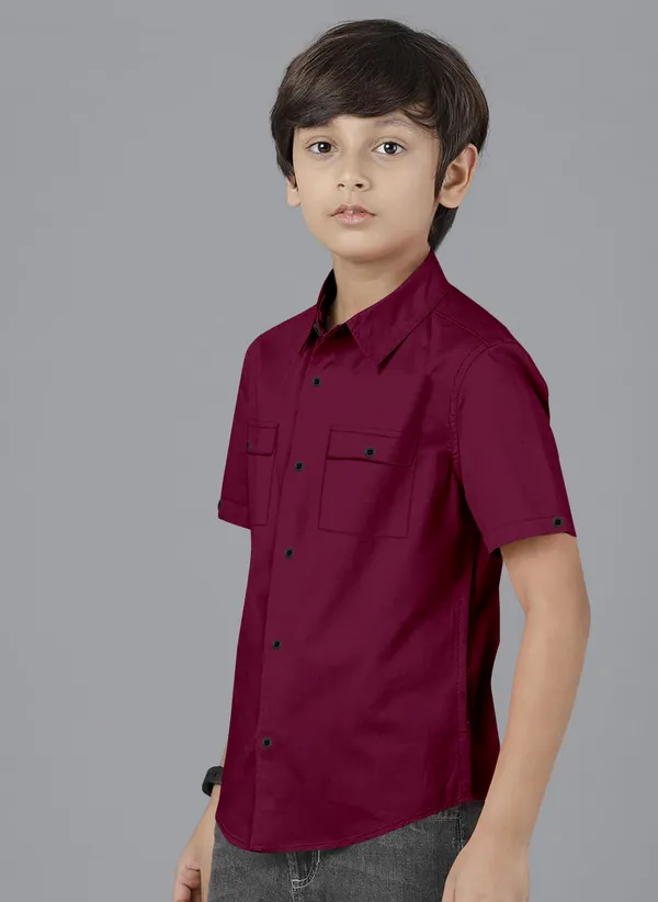 Maroon_Cotton_Blend_Regular_Fit_Half_Sleeve_Solid_Long_Shirt_For_Boys