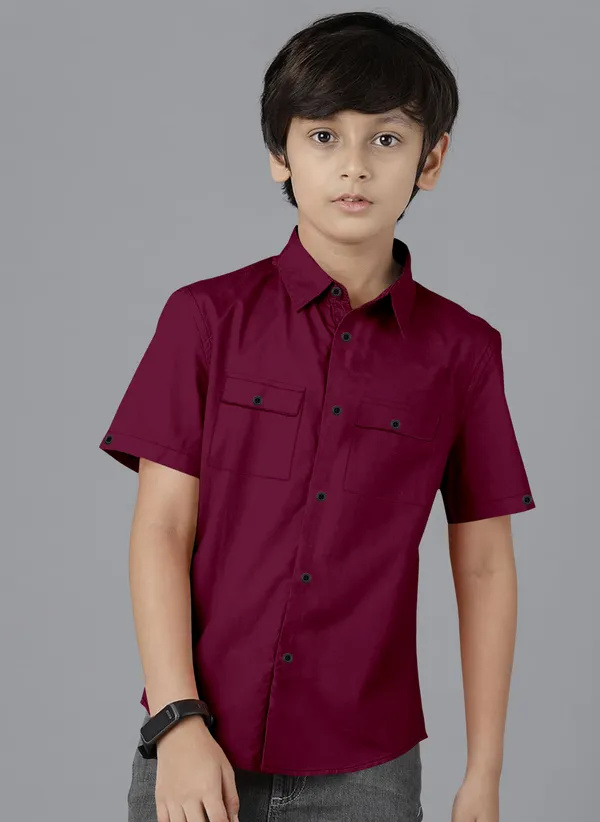 Maroon_Cotton_Blend_Regular_Fit_Half_Sleeve_Solid_Long_Shirt_For_Boys