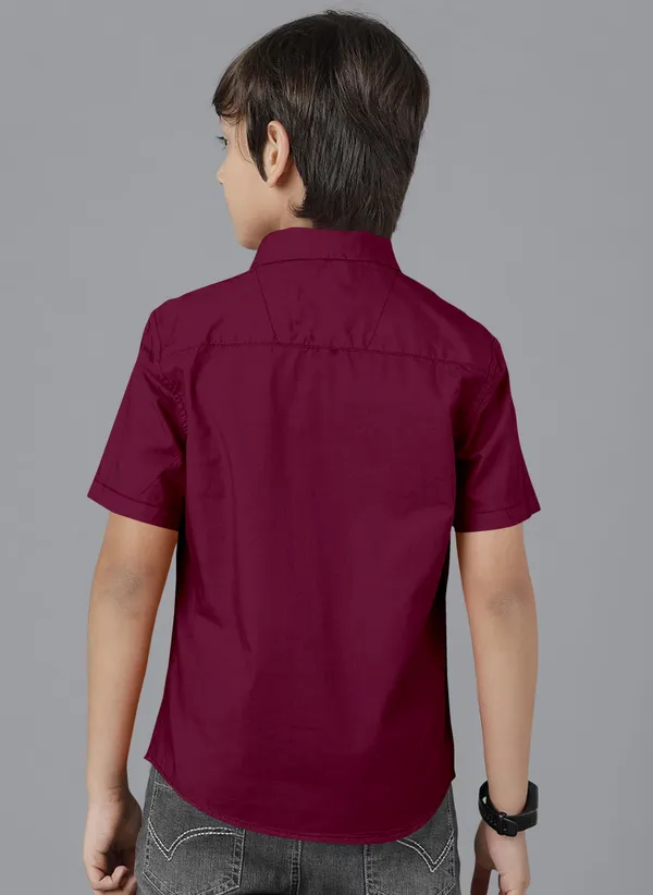 Maroon_Cotton_Blend_Regular_Fit_Half_Sleeve_Solid_Long_Shirt_For_Boys
