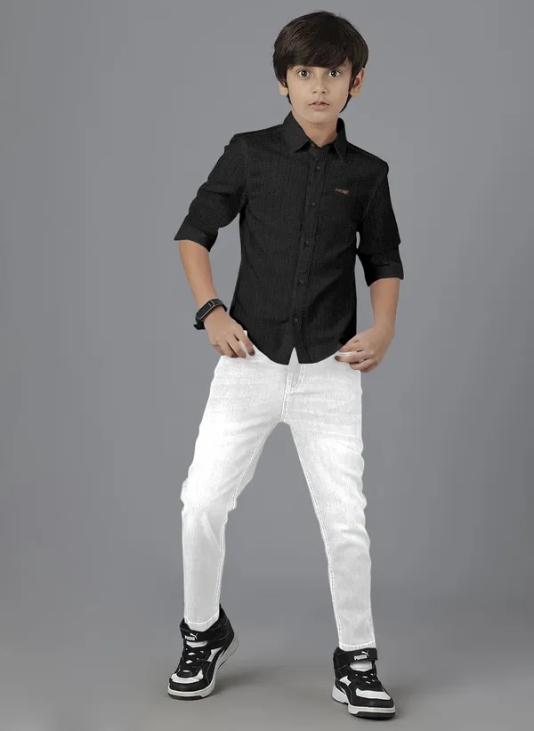 Black_Polycotton_Regular_Fit_Full_Sleeve_Self_Design_Long_Shirt_For_Boys