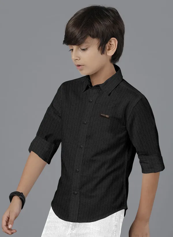 Black_Polycotton_Regular_Fit_Full_Sleeve_Self_Design_Long_Shirt_For_Boys
