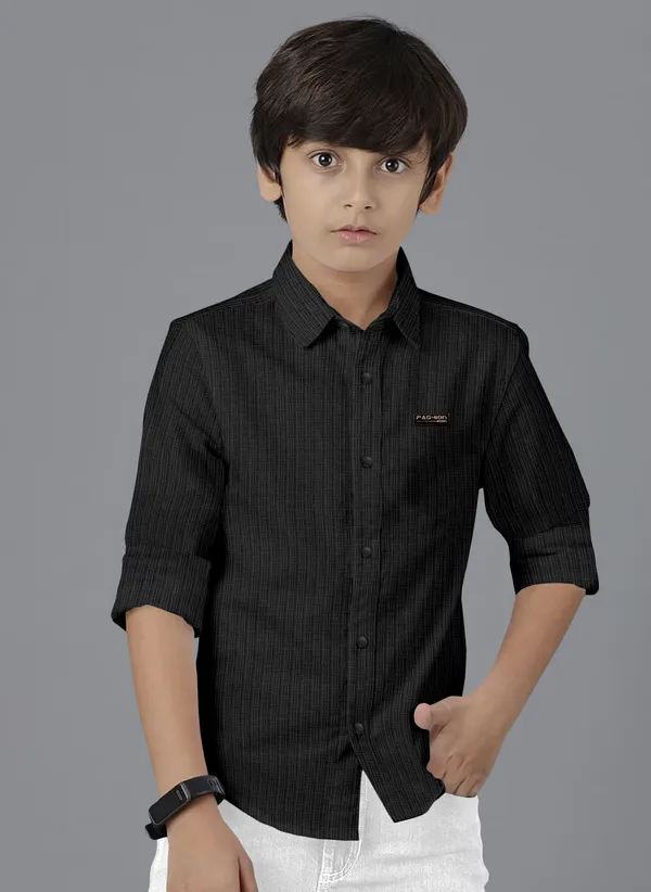 Black_Polycotton_Regular_Fit_Full_Sleeve_Self_Design_Long_Shirt_For_Boys