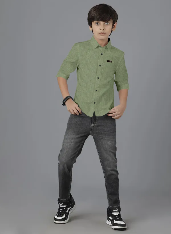 Green_Polycotton_Regular_Fit_Full_Sleeve_Self_Design_Long_Shirt_For_Boys