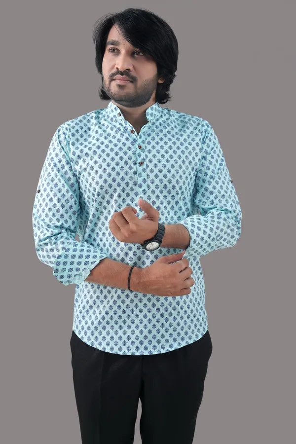 Blue_Cotton_Blend_Mandarin/Chinese_Neck_3/4_Sleeve_Hip_Length_Printed_Shirt_Style_Straight_Kurta_For_Men