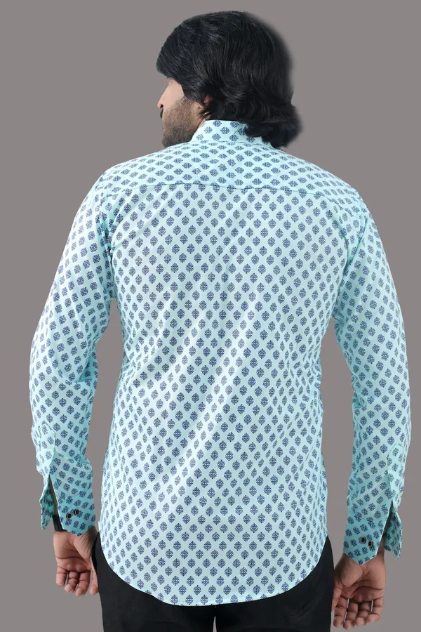 Blue_Cotton_Blend_Mandarin/Chinese_Neck_3/4_Sleeve_Hip_Length_Printed_Shirt_Style_Straight_Kurta_For_Men