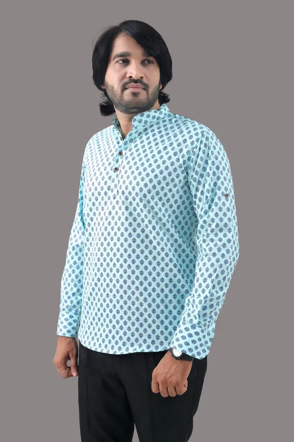 Blue_Cotton_Blend_Mandarin/Chinese_Neck_3/4_Sleeve_Hip_Length_Printed_Shirt_Style_Straight_Kurta_For_Men