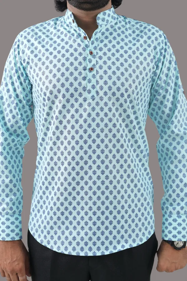 Blue_Cotton_Blend_Mandarin/Chinese_Neck_3/4_Sleeve_Hip_Length_Printed_Shirt_Style_Straight_Kurta_For_Men