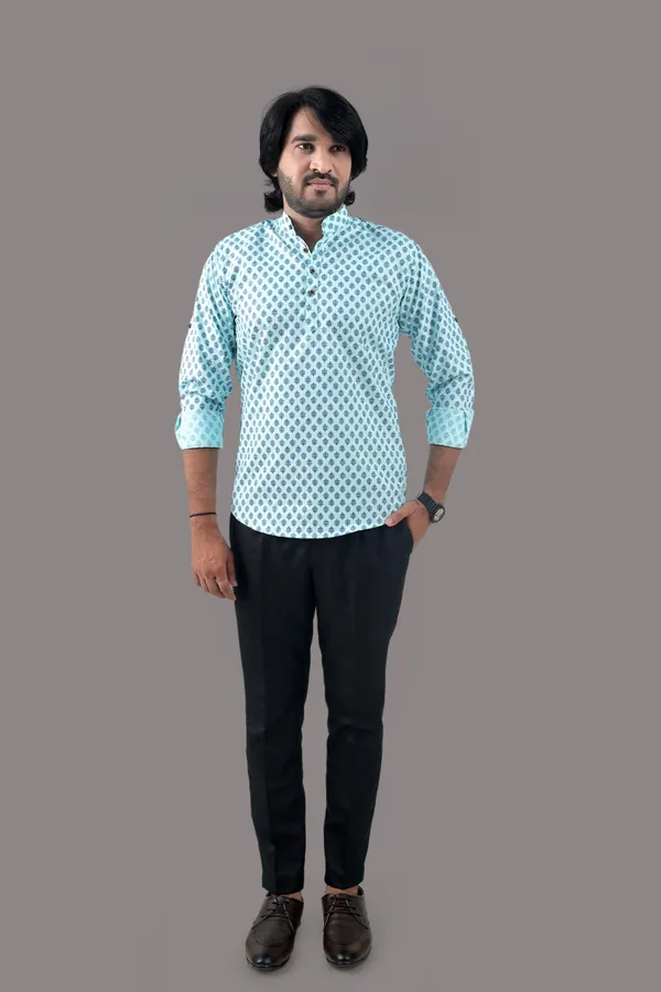 Blue_Cotton_Blend_Mandarin/Chinese_Neck_3/4_Sleeve_Hip_Length_Printed_Shirt_Style_Straight_Kurta_For_Men