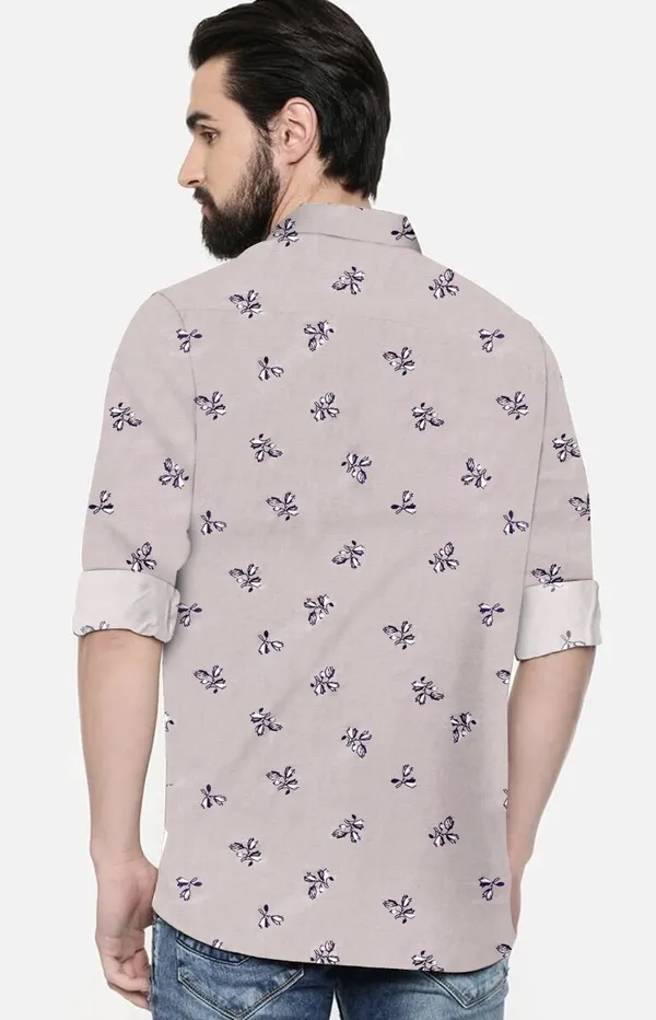 Grey_Cotton_Blend_Regular_Fit_3/4th_Sleeve_Printed_Long_Shirt_For_Men