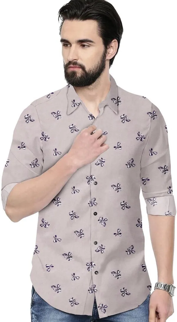 Grey_Cotton_Blend_Regular_Fit_3/4th_Sleeve_Printed_Long_Shirt_For_Men