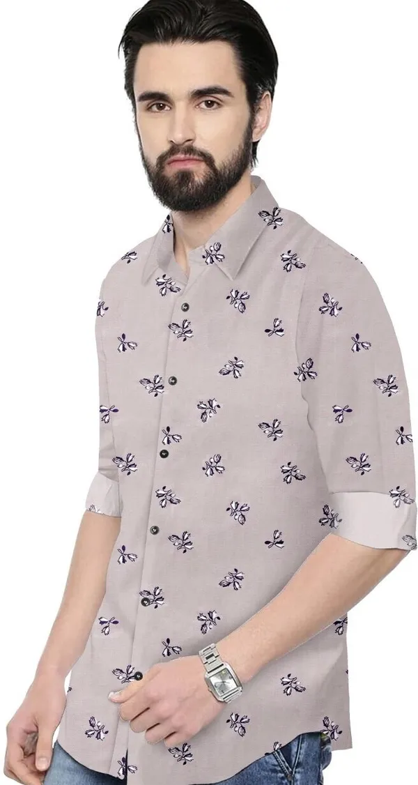 Grey_Cotton_Blend_Regular_Fit_3/4th_Sleeve_Printed_Long_Shirt_For_Men