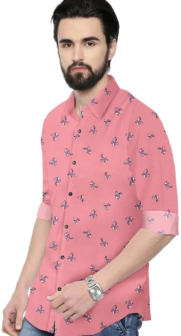 Pink_Cotton_Blend_Regular_Fit_3/4th_Sleeve_Printed_Long_Shirt_For_Men