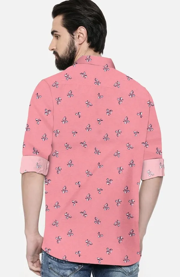 Pink_Cotton_Blend_Regular_Fit_3/4th_Sleeve_Printed_Long_Shirt_For_Men