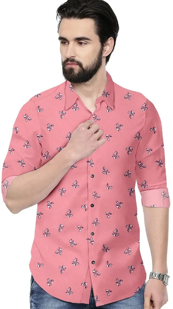 Pink_Cotton_Blend_Regular_Fit_3/4th_Sleeve_Printed_Long_Shirt_For_Men