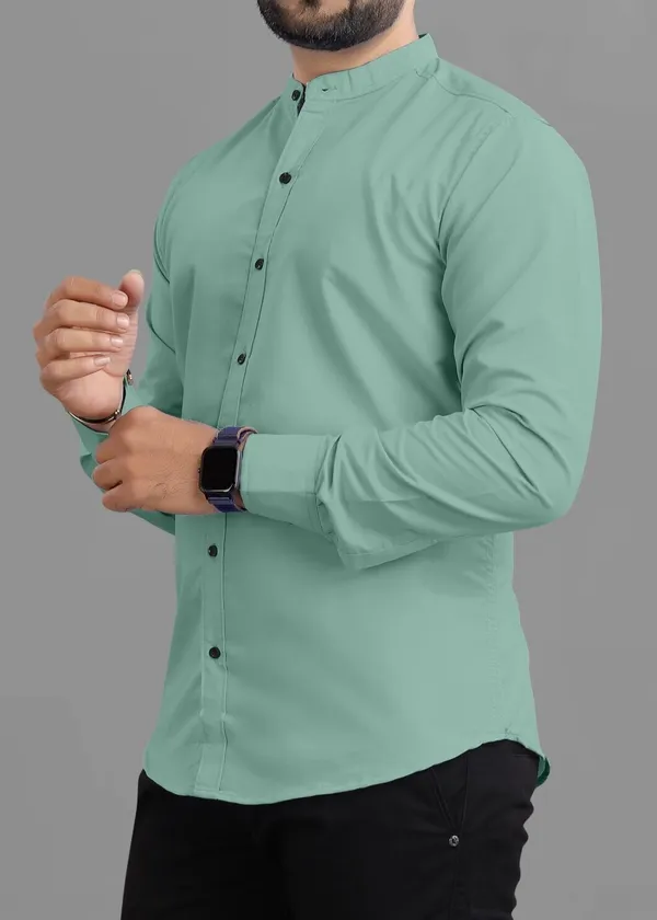 Aqua_Green_Cotton_Blend_Regular_Fit_Full_Sleeve_Solid_Long_Shirt_For_Men