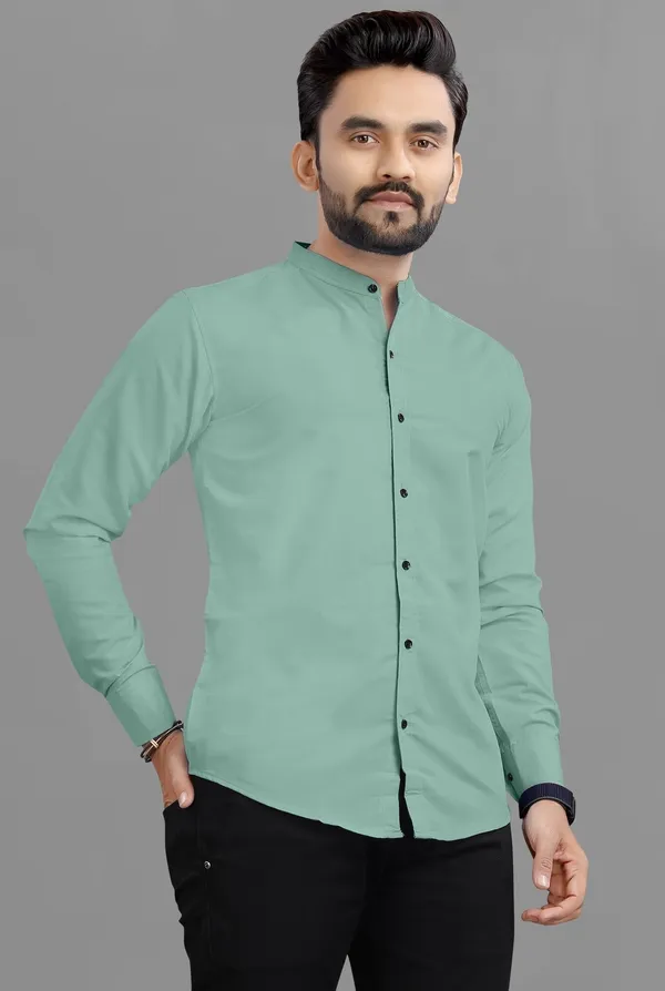 Aqua_Green_Cotton_Blend_Regular_Fit_Full_Sleeve_Solid_Long_Shirt_For_Men