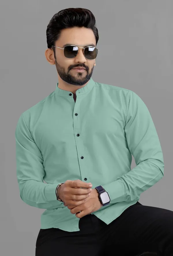 Aqua_Green_Cotton_Blend_Regular_Fit_Full_Sleeve_Solid_Long_Shirt_For_Men