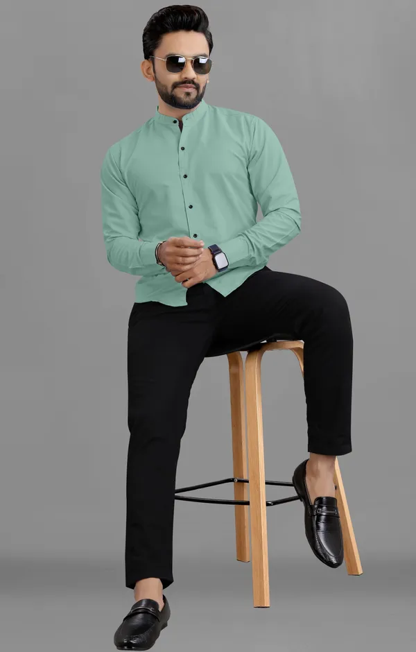 Aqua_Green_Cotton_Blend_Regular_Fit_Full_Sleeve_Solid_Long_Shirt_For_Men