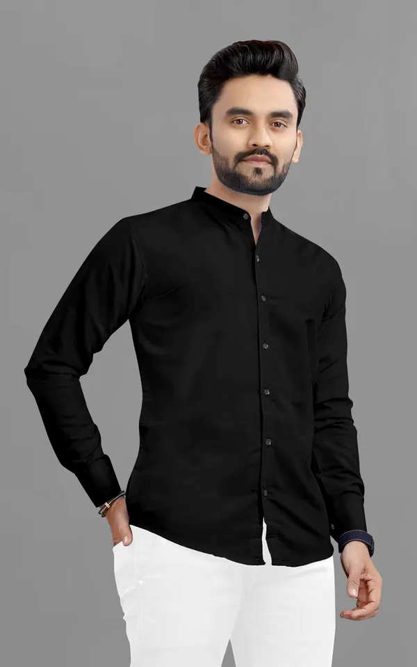 Black_Cotton_Blend_Regular_Fit_Full_Sleeve_Solid_Long_Shirt_For_Men