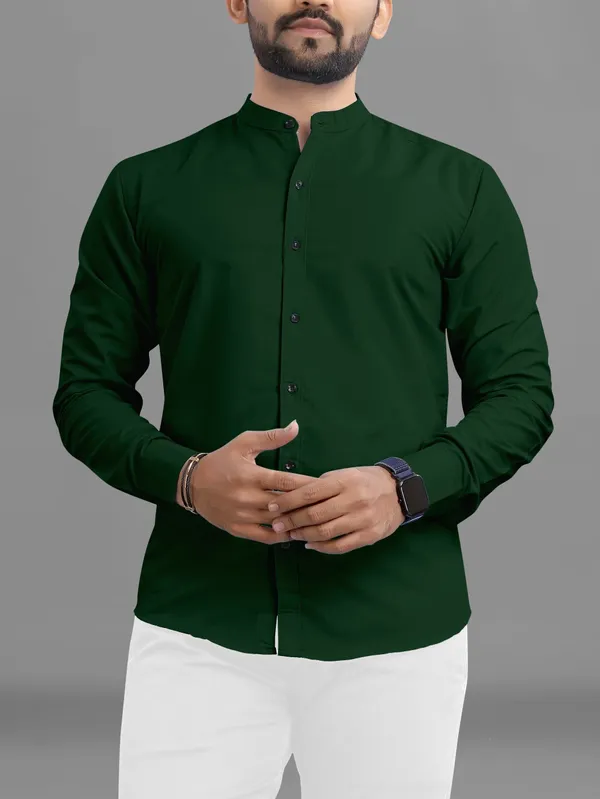 Dark_Green_Cotton_Blend_Regular_Fit_Full_Sleeve_Solid_Long_Shirt_For_Men