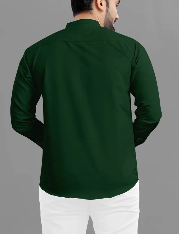 Dark_Green_Cotton_Blend_Regular_Fit_Full_Sleeve_Solid_Long_Shirt_For_Men