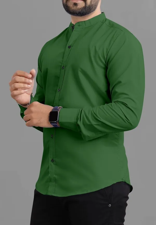Green_Cotton_Blend_Regular_Fit_Full_Sleeve_Solid_Long_Shirt_For_Men