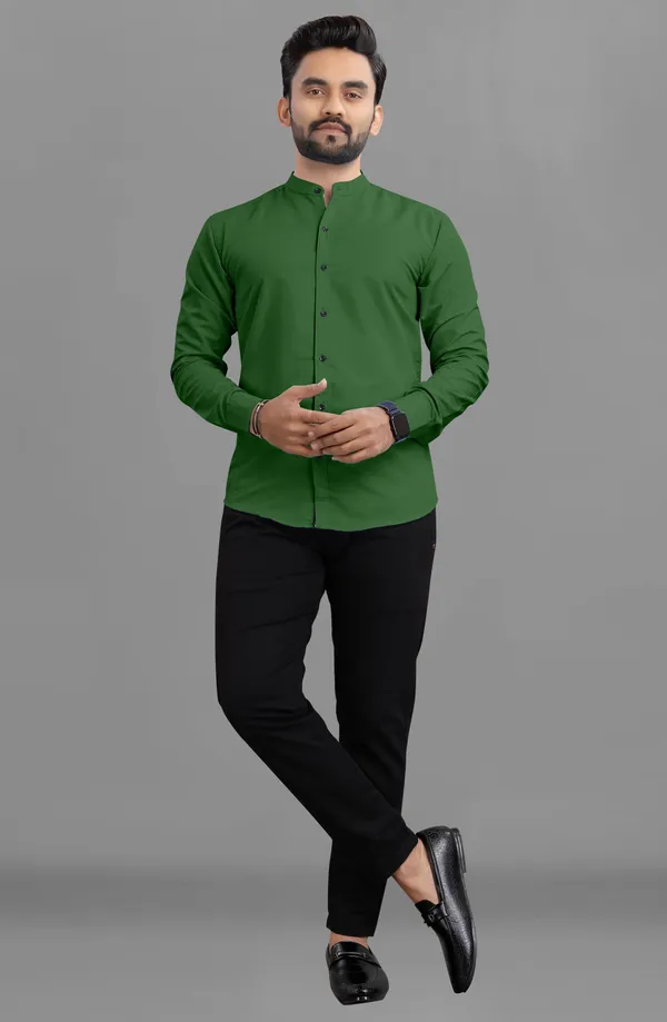 Green_Cotton_Blend_Regular_Fit_Full_Sleeve_Solid_Long_Shirt_For_Men
