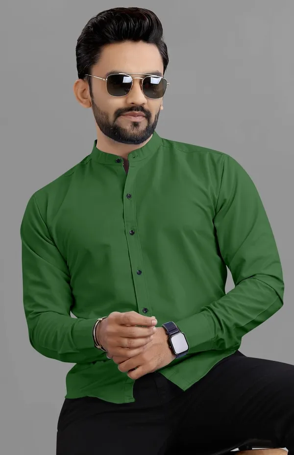 Green_Cotton_Blend_Regular_Fit_Full_Sleeve_Solid_Long_Shirt_For_Men