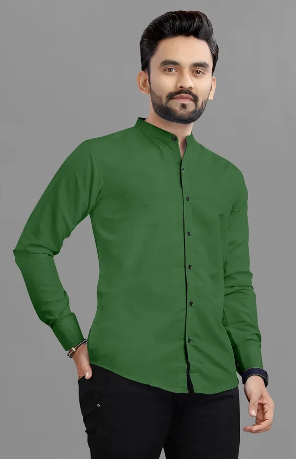 Green_Cotton_Blend_Regular_Fit_Full_Sleeve_Solid_Long_Shirt_For_Men