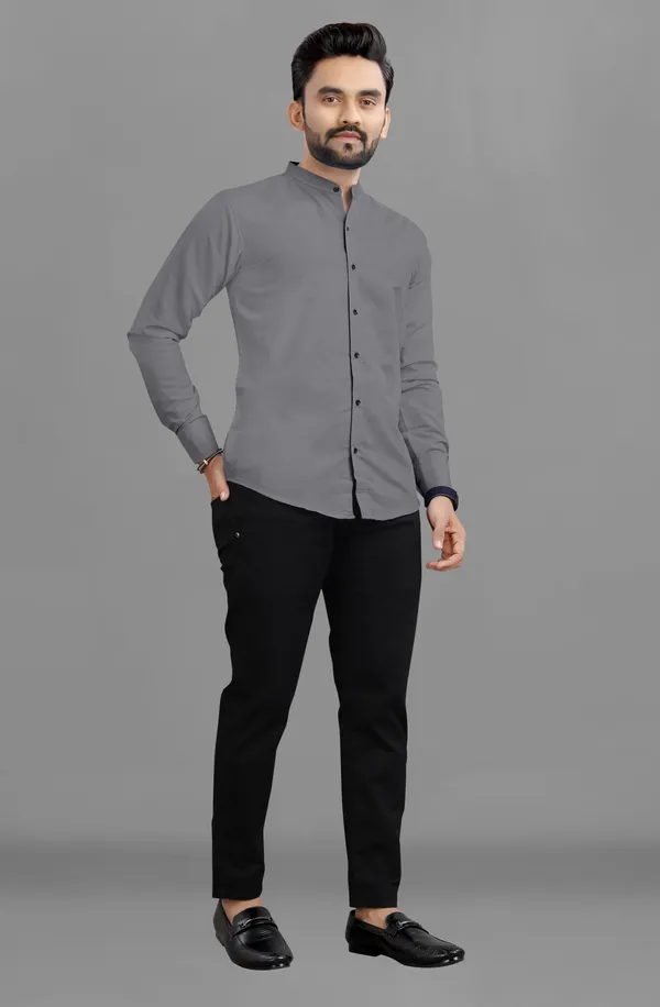 Grey_Cotton_Blend_Regular_Fit_Full_Sleeve_Solid_Long_Shirt_For_Men