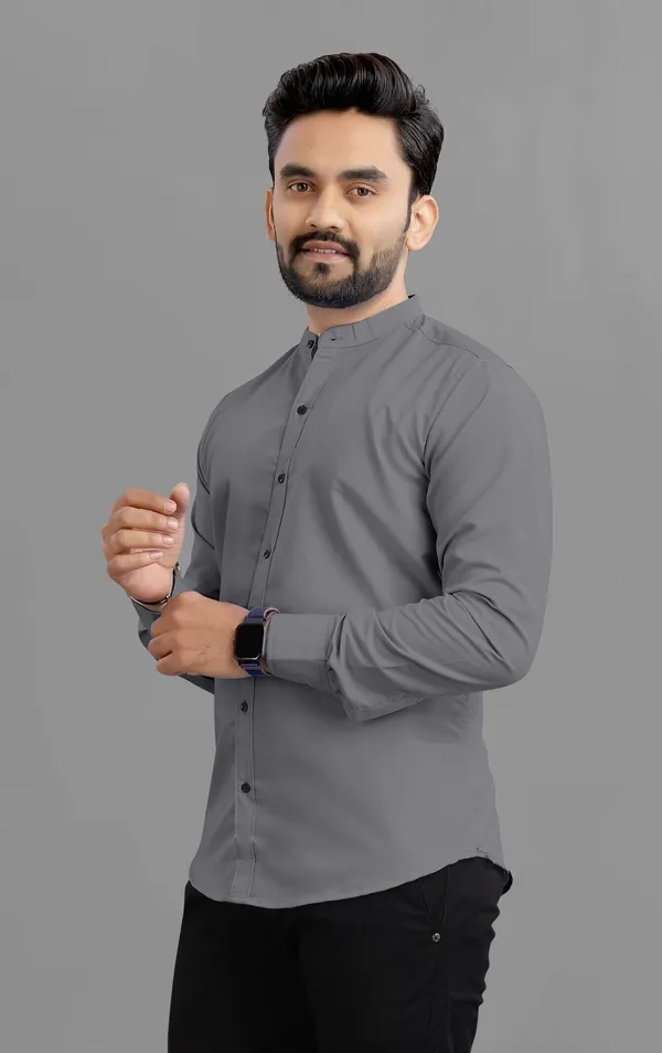 Grey_Cotton_Blend_Regular_Fit_Full_Sleeve_Solid_Long_Shirt_For_Men