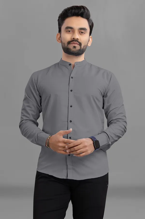 Grey_Cotton_Blend_Regular_Fit_Full_Sleeve_Solid_Long_Shirt_For_Men