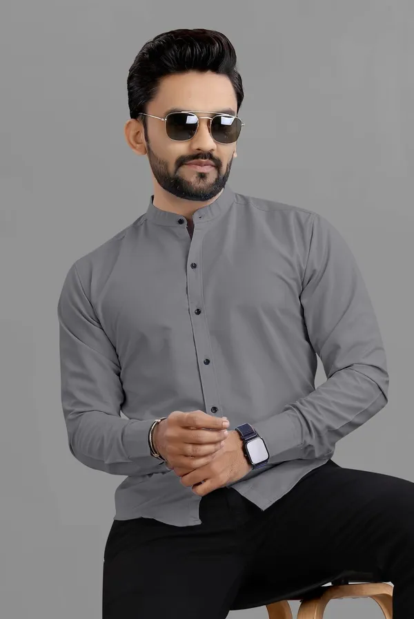 Grey_Cotton_Blend_Regular_Fit_Full_Sleeve_Solid_Long_Shirt_For_Men