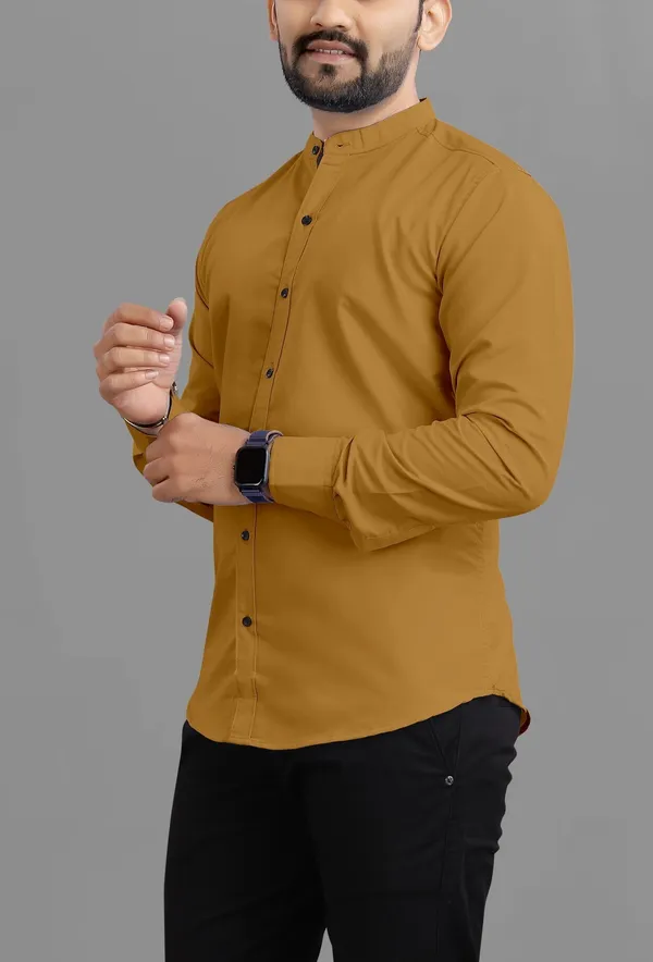 Mustard_Cotton_Blend_Regular_Fit_Full_Sleeve_Solid_Long_Shirt_For_Men
