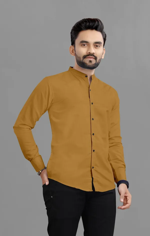 Mustard_Cotton_Blend_Regular_Fit_Full_Sleeve_Solid_Long_Shirt_For_Men