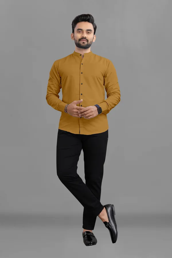 Mustard_Cotton_Blend_Regular_Fit_Full_Sleeve_Solid_Long_Shirt_For_Men