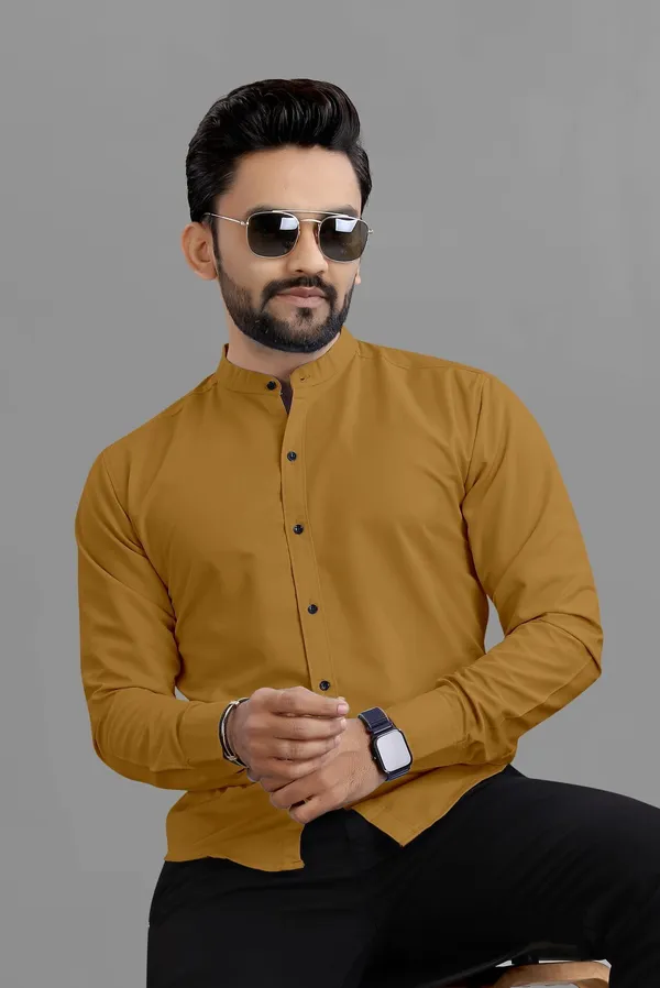 Mustard_Cotton_Blend_Regular_Fit_Full_Sleeve_Solid_Long_Shirt_For_Men
