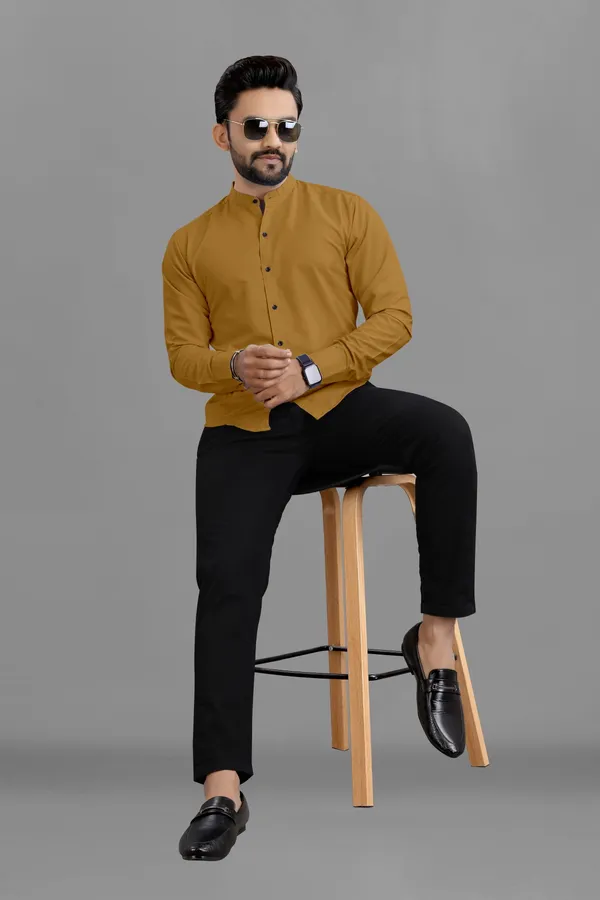 Mustard_Cotton_Blend_Regular_Fit_Full_Sleeve_Solid_Long_Shirt_For_Men