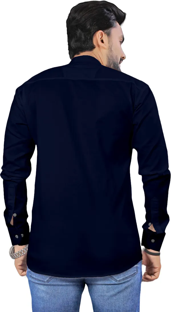 Dark_Blue_Cotton_Blend_Regular_Fit_Full_Sleeve_Solid_Long_Shirt_For_Men