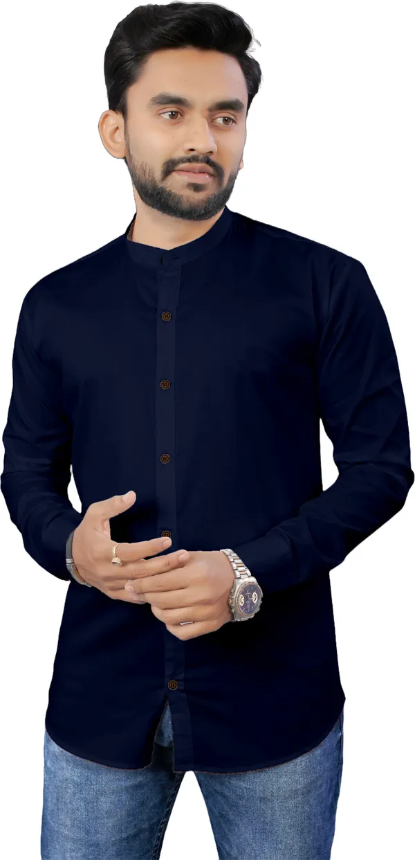 Dark_Blue_Cotton_Blend_Regular_Fit_Full_Sleeve_Solid_Long_Shirt_For_Men