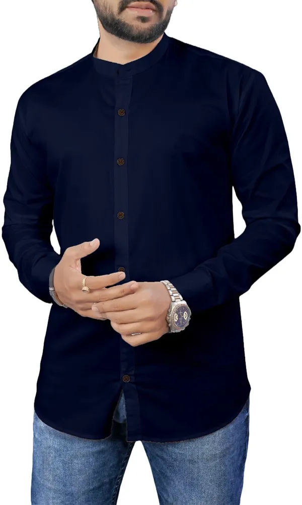 Dark_Blue_Cotton_Blend_Regular_Fit_Full_Sleeve_Solid_Long_Shirt_For_Men