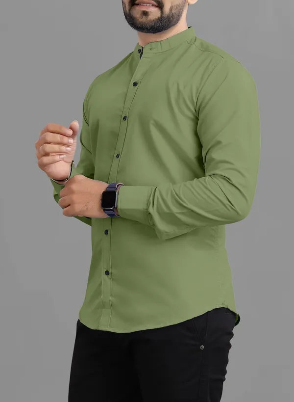 Olive_Green_Cotton_Blend_Regular_Fit_Full_Sleeve_Solid_Long_Shirt_For_Men