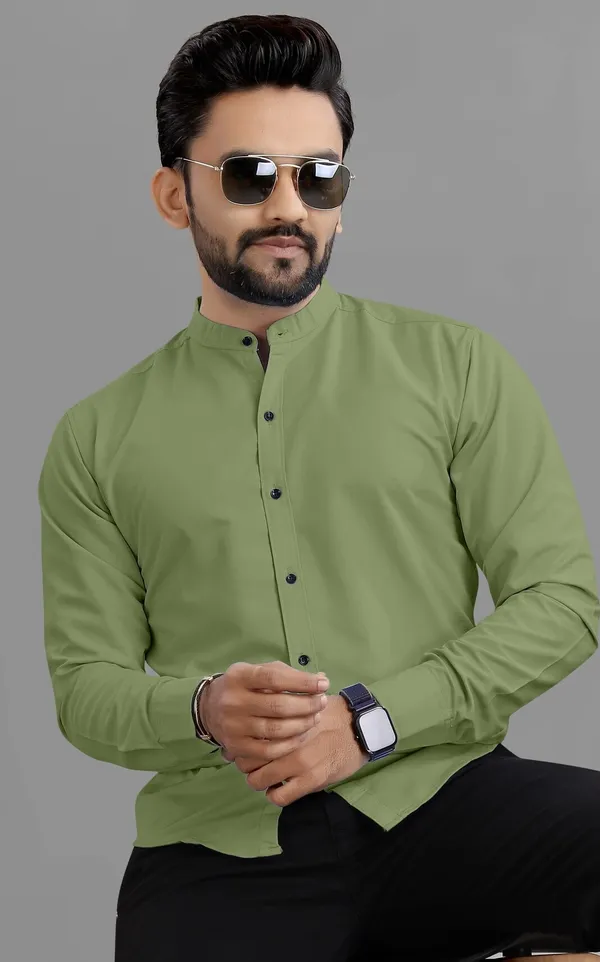 Olive_Green_Cotton_Blend_Regular_Fit_Full_Sleeve_Solid_Long_Shirt_For_Men