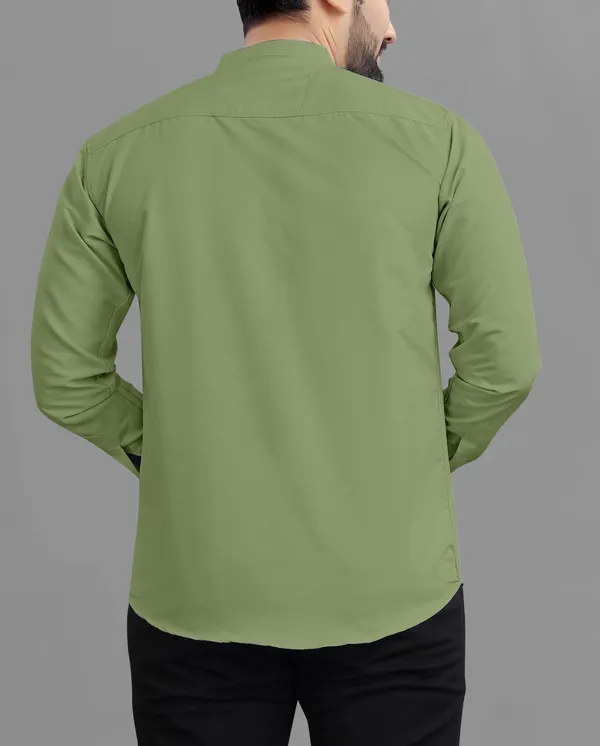 Olive_Green_Cotton_Blend_Regular_Fit_Full_Sleeve_Solid_Long_Shirt_For_Men