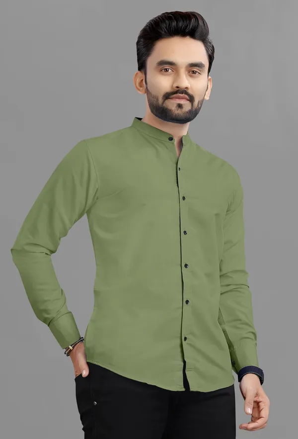 Olive_Green_Cotton_Blend_Regular_Fit_Full_Sleeve_Solid_Long_Shirt_For_Men