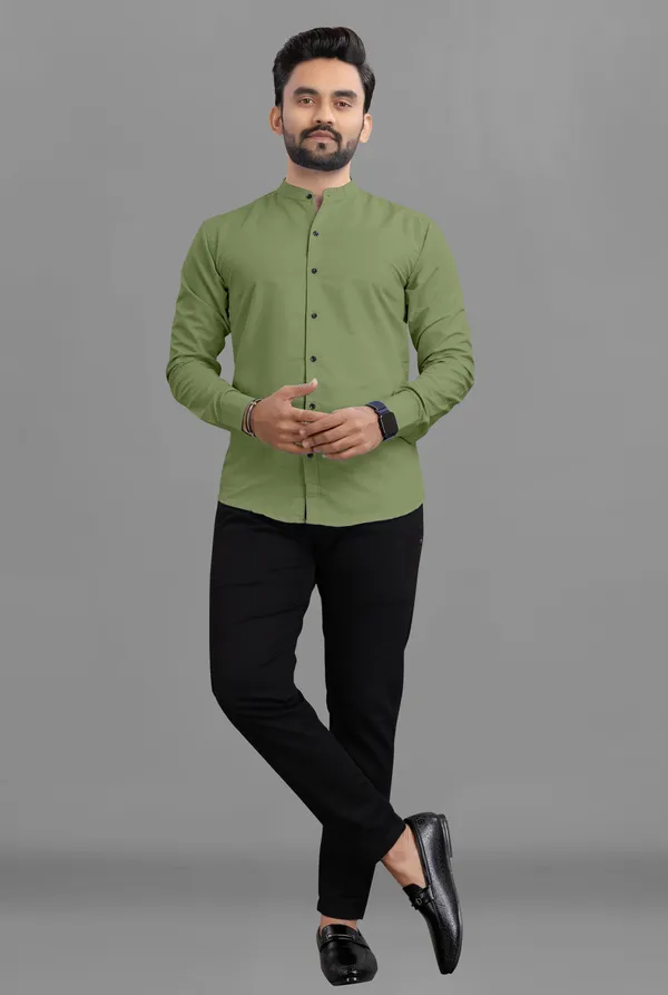 Olive_Green_Cotton_Blend_Regular_Fit_Full_Sleeve_Solid_Long_Shirt_For_Men