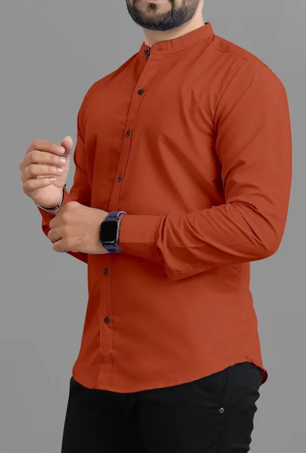 Orange_Cotton_Blend_Regular_Fit_Full_Sleeve_Solid_Long_Shirt_For_Men