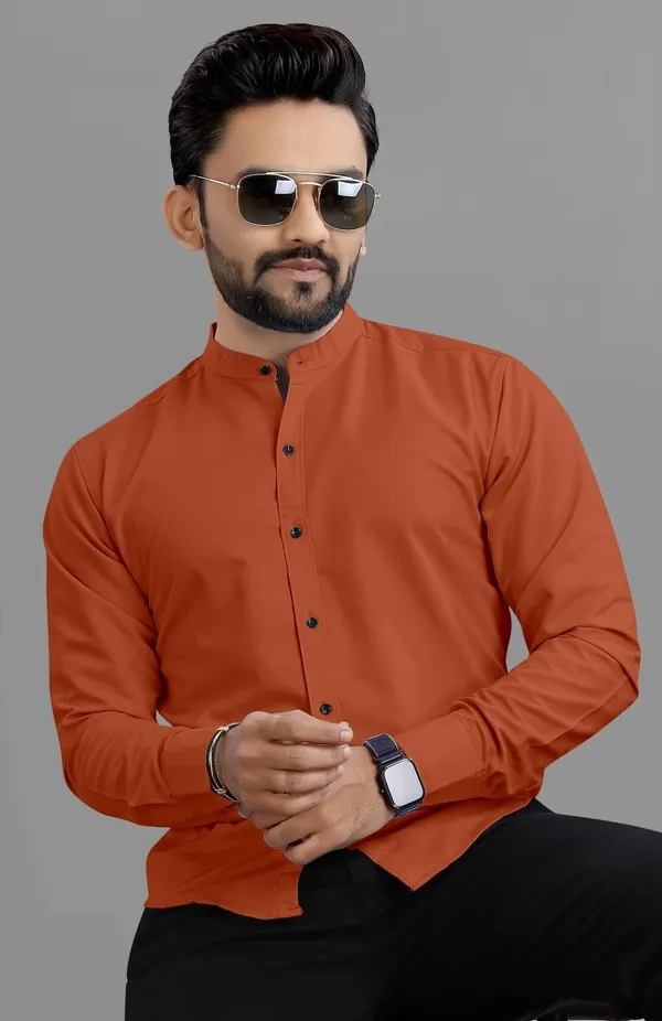 Orange_Cotton_Blend_Regular_Fit_Full_Sleeve_Solid_Long_Shirt_For_Men